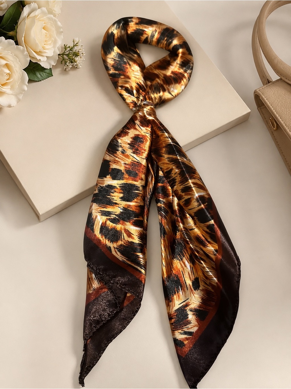 Twilly Leopard-Print Satin Neck Scarf - Brown & Black